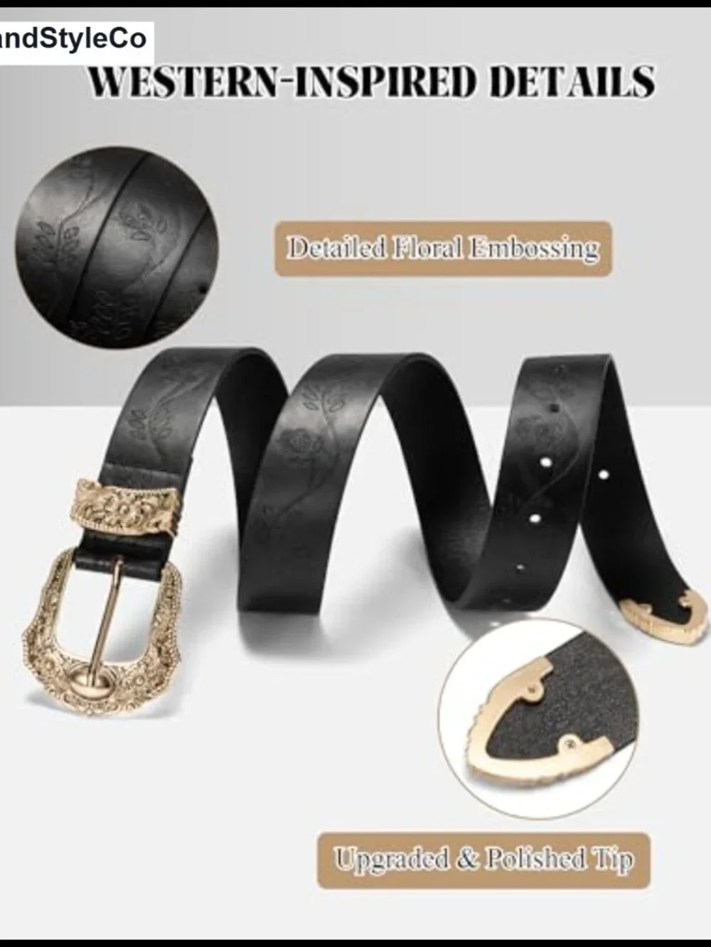 Women's Western Belt with Floral Embossed Gold Buckle PU Leather